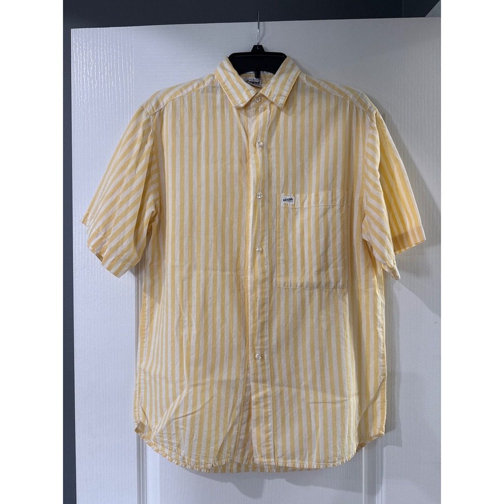 Vintage Georges Marciano for Guess Yellow White Striped Short Sleeve Shirt Mens